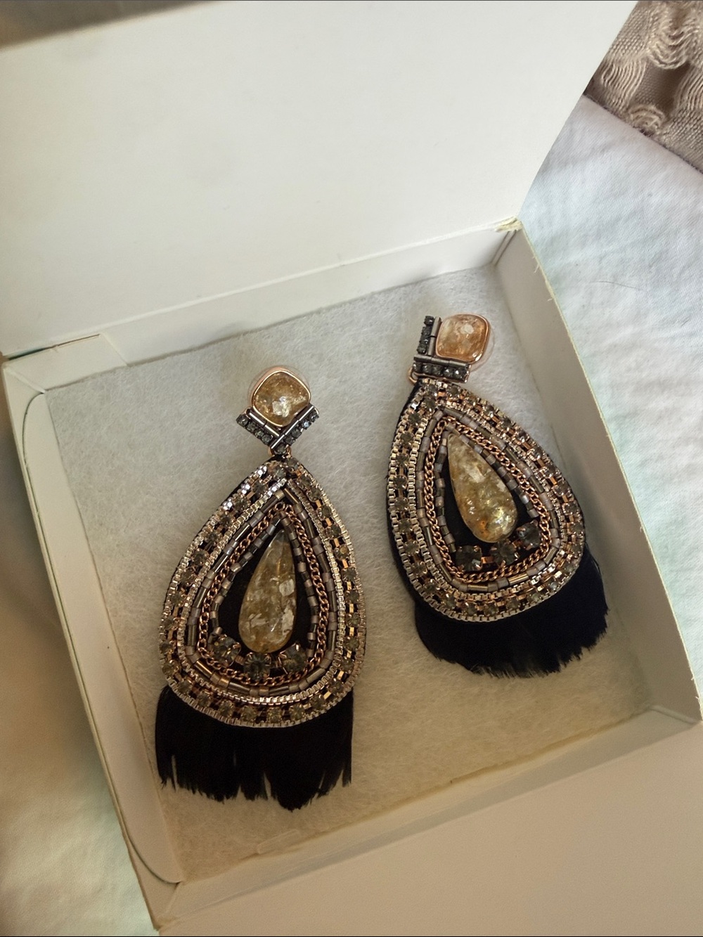 Stella & Dot Black and Gold Teardrop Fringe Earrings with Crystal Accents
